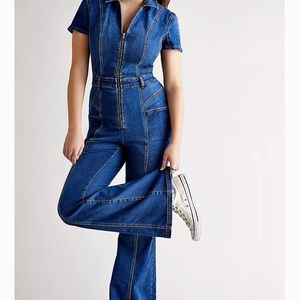 Free People CRVY Denim Love Letters Jumpsuit